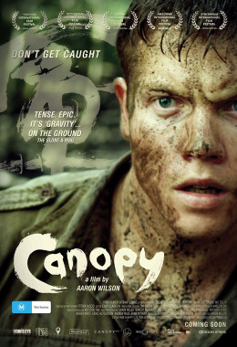 Poster for the movie, Canopy, with a young soldier covered in dirt.