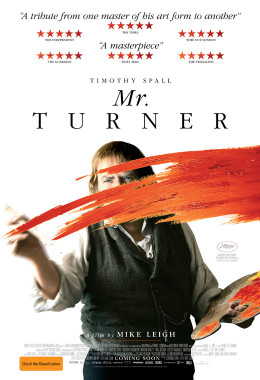 The poster for the film Mr Turner with actor Timothy Spall splashing red paint across the front.