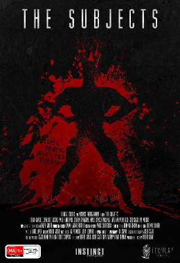 Poster for the film, The Subjects, with a red silhouette on a black wall.