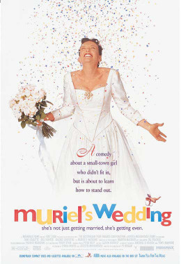 Poster for the film Muriel's Wedding with a woman in a wedding dress excitedly standing under a showering of confetti.