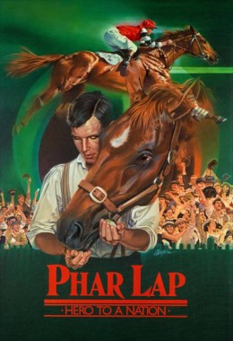 Poster for the film Phar Lap with a man feeding a horse who has it's head over his shoulder.