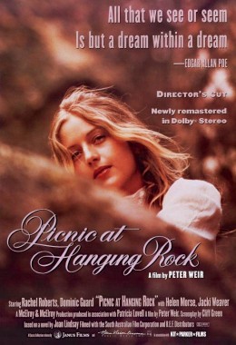 Poster for the film Picnic at Hanging Rock with a young woman looking wistfully into the distance past a rock of granite.