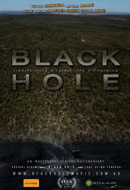 Poster for the film, Black Hole with a forest over a pit of black coal.