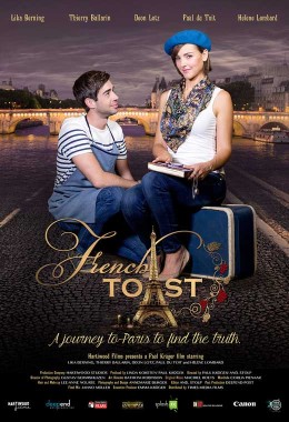 Film poster for French Toast showing a man crouched down waering an apron next to a woman sitting on a suitcase.