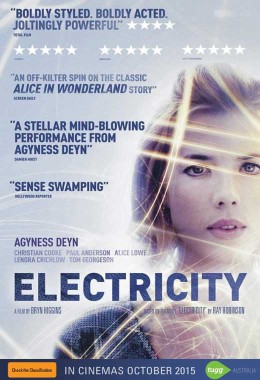 Film poster for Electricity showing a female face with gold swirls over her.